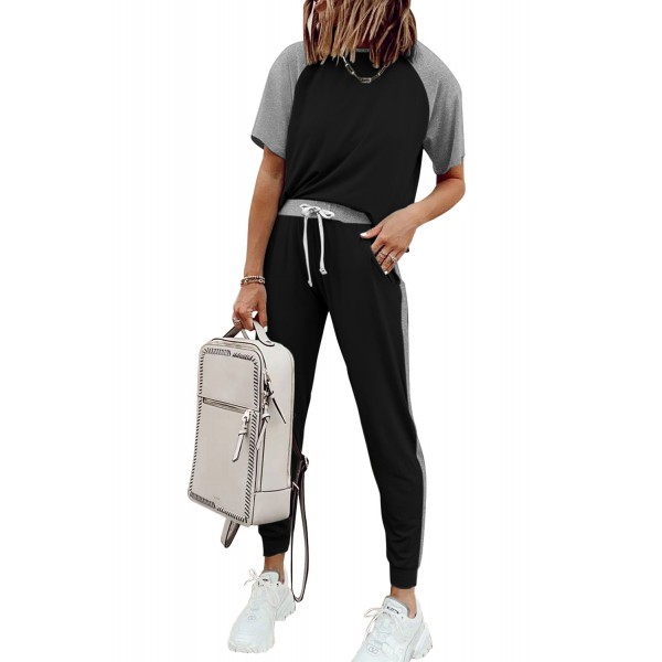 Black Colorblock Short Sleeves and Joggers Sports Set
