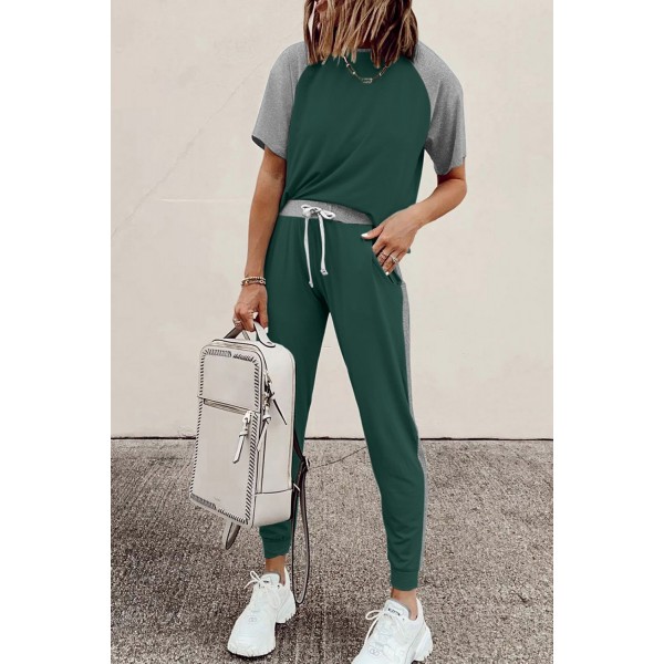 Green Colorblock Short Sleeves and Joggers Sports Set