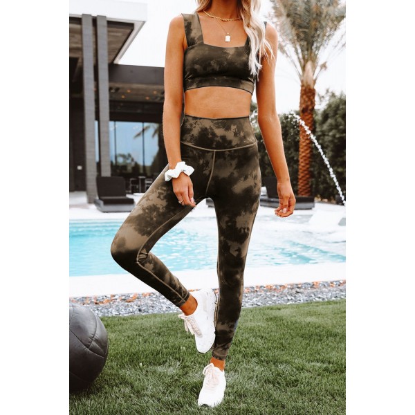 Brown Tie-dye Print Yoga Bra and Leggings Set
