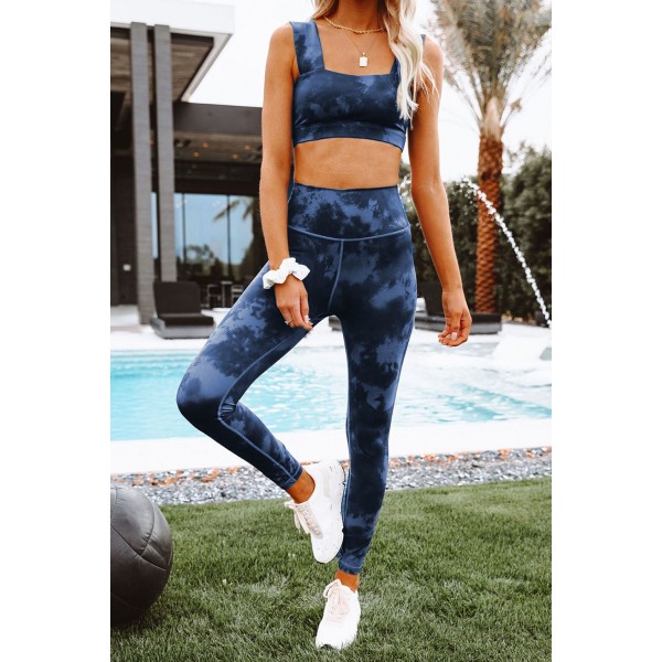 Blue Tie-dye Print Yoga Bra and Leggings Set
