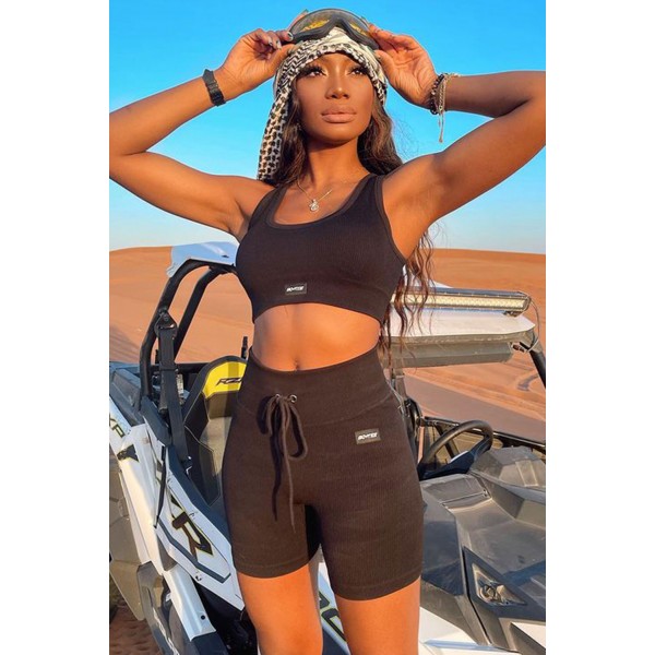 Black Ribbed Knit Sports Bra and High Waist Shorts Yoga Set