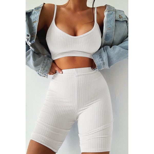 White Two-piece Bra and Leggings Ribbed Knit Yoga Sports Wear