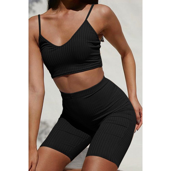 Black Two-piece Bra and Leggings Ribbed Knit Yoga Sports Wear