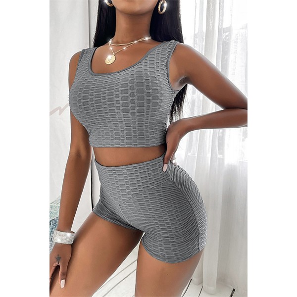 Gray Bubble Texture U Neck Top & Shorts Set