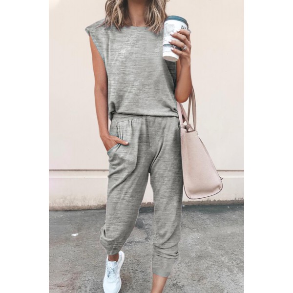 Gray Casual Knitted Sleeveless and Pants Set
