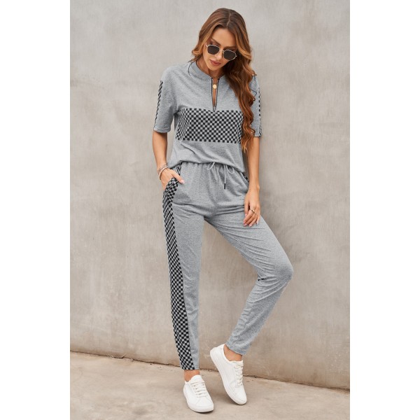 Gray Plaid Splicing Short Sleeve Top and Elastic Waist Pants Set