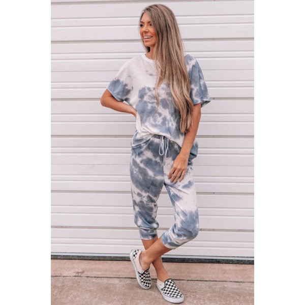 Tie-dyed Short Sleeve Top and Elastic Waist Pants Set