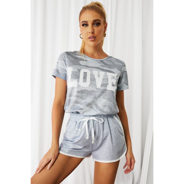 Gray Camo Letter Print T Shirt And Shorts Set