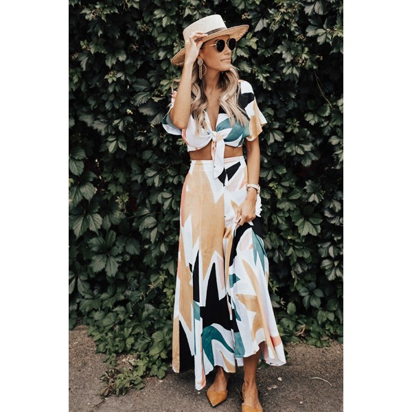 Tropical Print Crop Top and Flare Wide Leg Pants Set