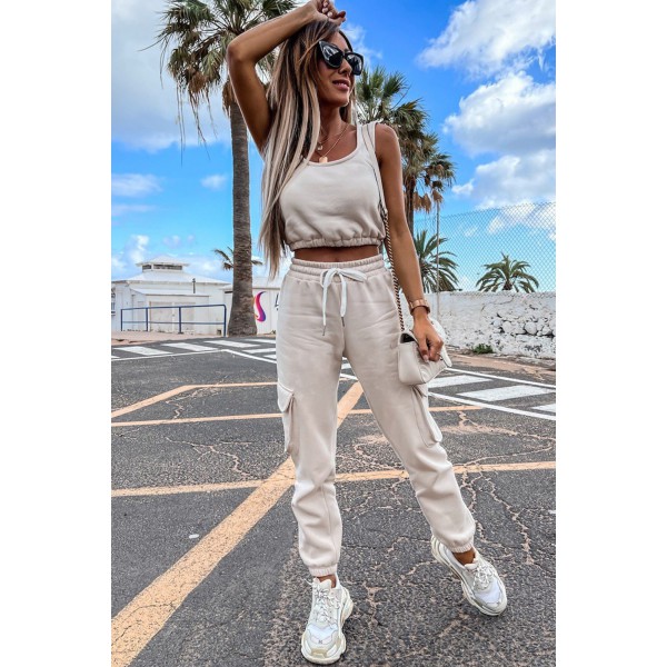 White Crop Tank and Pocketed Joggers Yoga Sports Wear