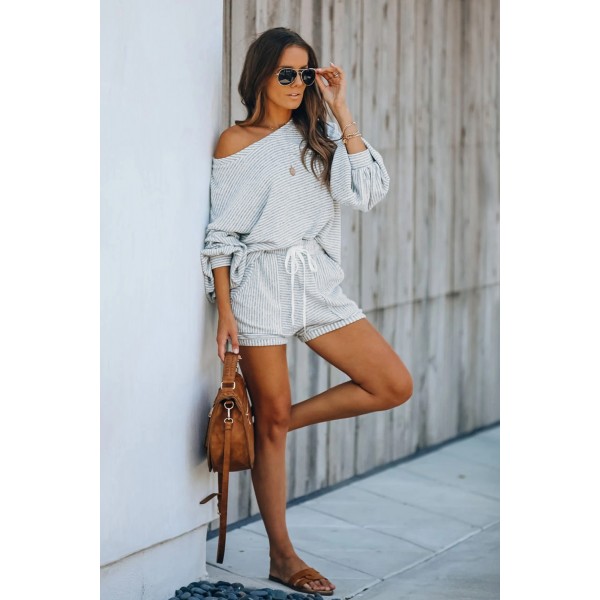 Gray Balloon Sleeve Striped Cotton Blend Top & Drawstring Shorts Set