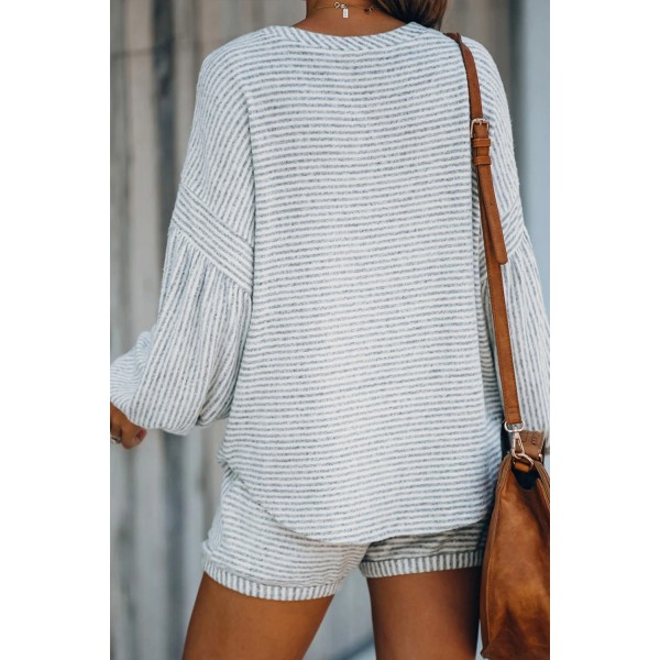 Gray Balloon Sleeve Striped Cotton Blend Top & Drawstring Shorts Set
