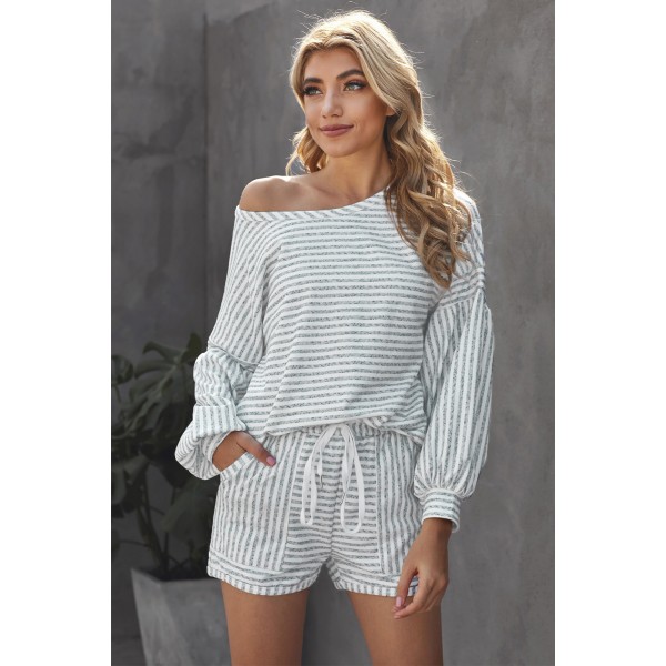 Gray Balloon Sleeve Striped Cotton Blend Top & Drawstring Shorts Set