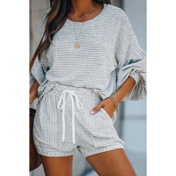 Gray Balloon Sleeve Striped Cotton Blend Top & Drawstring Shorts Set